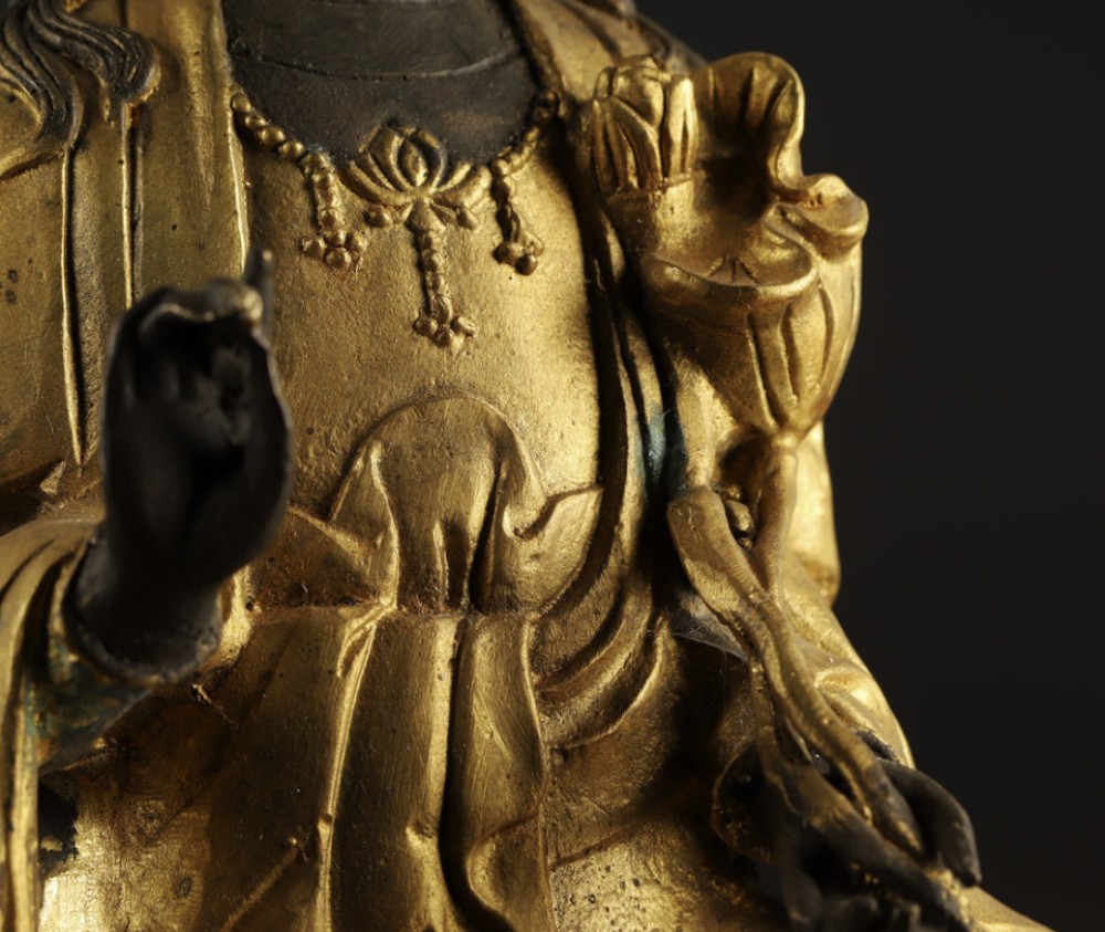 A pair of late nineteenth-century Japanese gilt bronze statues depicting the Bodhisattvas Samantabhadra seated on an elephant and Manjushri seated on a lion. View X