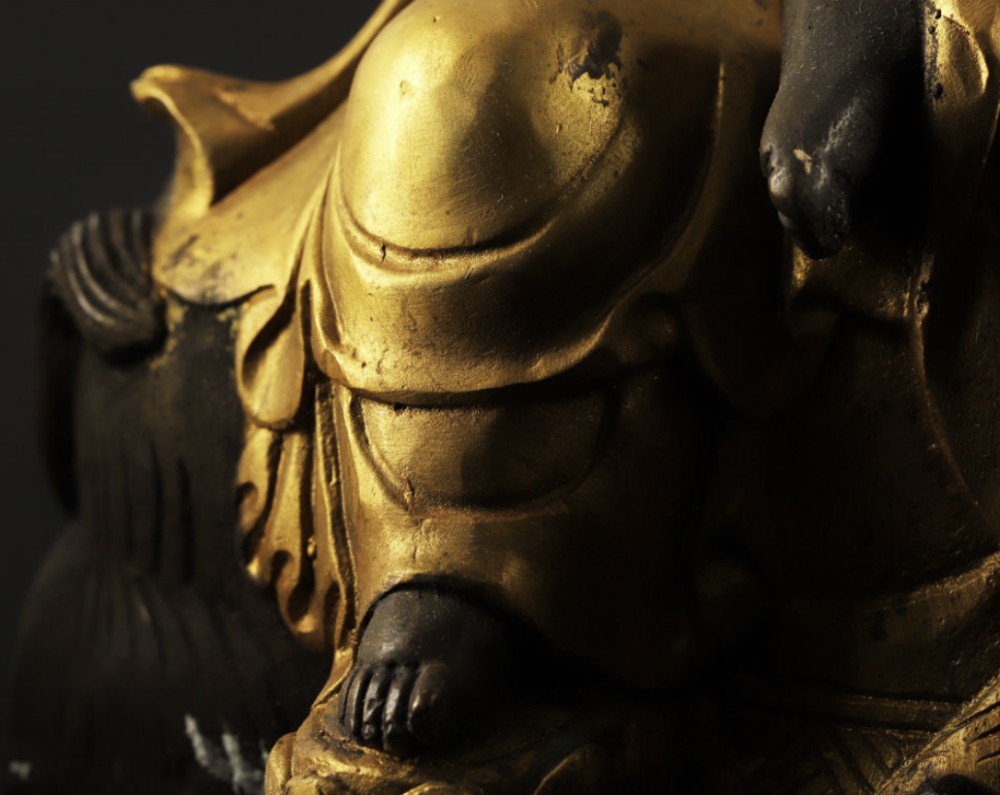 A pair of late nineteenth-century Japanese gilt bronze statues depicting the Bodhisattvas Samantabhadra seated on an elephant and Manjushri seated on a lion. View XI