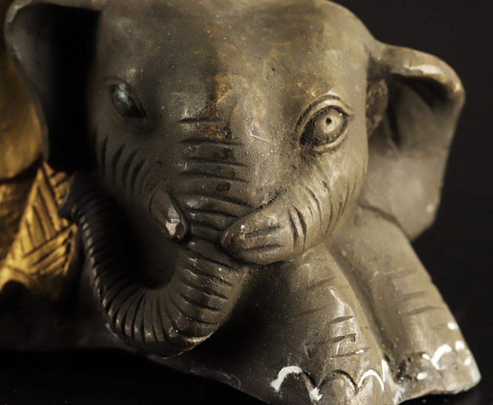 A pair of late nineteenth-century Japanese gilt bronze statues depicting the Bodhisattvas Samantabhadra seated on an elephant and Manjushri seated on a lion. View XII