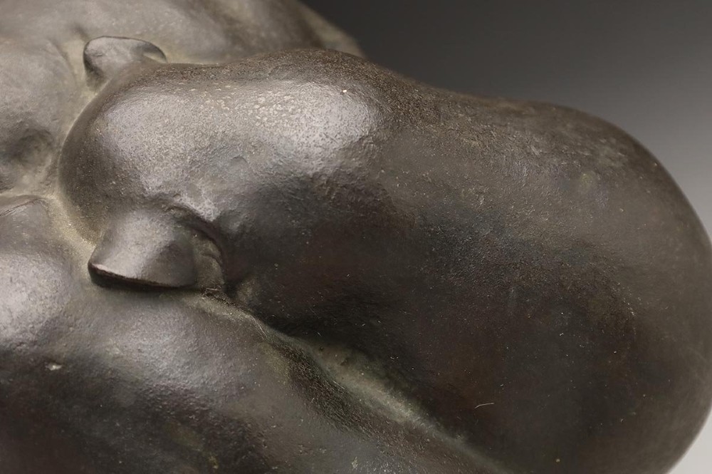 A dark patinated bronze sculpture depicting three sleeping puppies curled closely together. View III