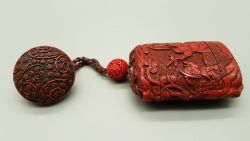 EXCELLENT JAPANESE MEIJI 19THC RED LACQUER CINNABAR INRO NETSUKE OJIME ENSEMBLE