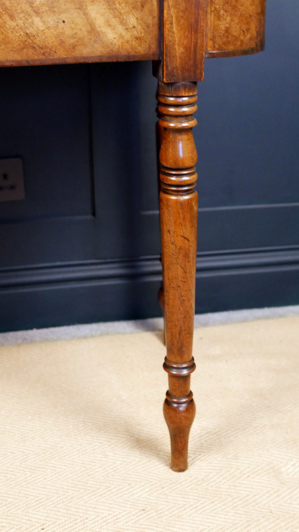 A Regency mahogany fold-over tea table featuring a rectangular hinged top with rounded corners, a deep frieze, and turned tapered legs. View XIV