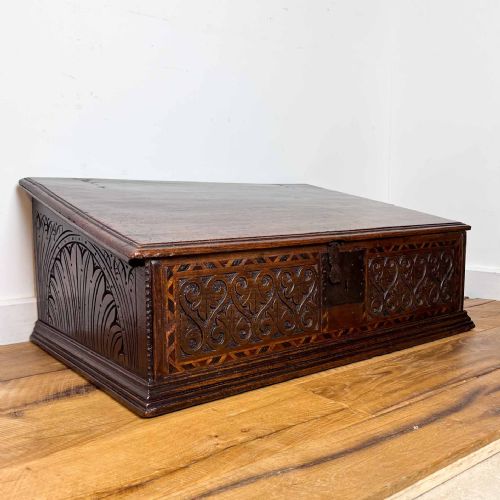 18TH CENTURY CARVED OAK DESK BOX WITH HOLLY AND BOG OAK INLAY - ADDITIONAL PHOTO 1