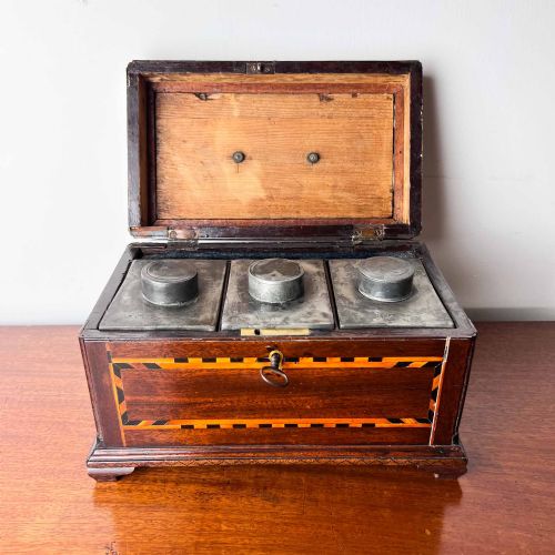 18TH CENTURY INLAID MAHOGANY TEA CADDY WITH THREE METAL CANISTERS - ADDITIONAL PHOTO 10