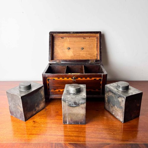 18TH CENTURY INLAID MAHOGANY TEA CADDY WITH THREE METAL CANISTERS - ADDITIONAL PHOTO 11