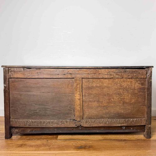 ANTIQUE OAK COFFER WITH GEOMETRIC PANELLED FRONT - ADDITIONAL PHOTO 17
