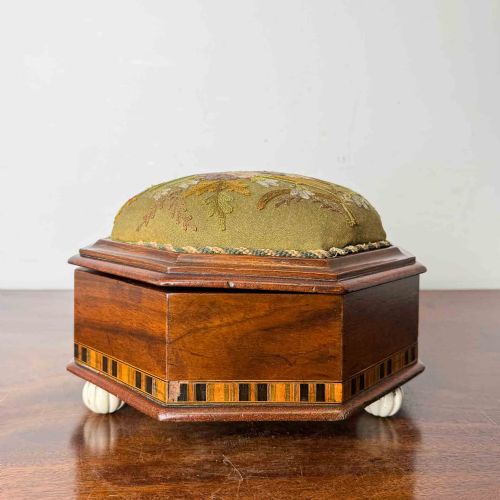 ANTIQUE OCTAGONAL MAHOGANY FOOTSTOOL WITH CREWEL WORK COVER - ADDITIONAL PHOTO 1
