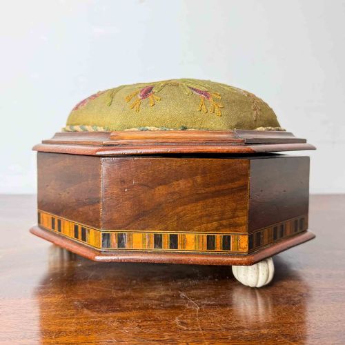 ANTIQUE OCTAGONAL MAHOGANY FOOTSTOOL WITH CREWEL WORK COVER - ADDITIONAL PHOTO 3