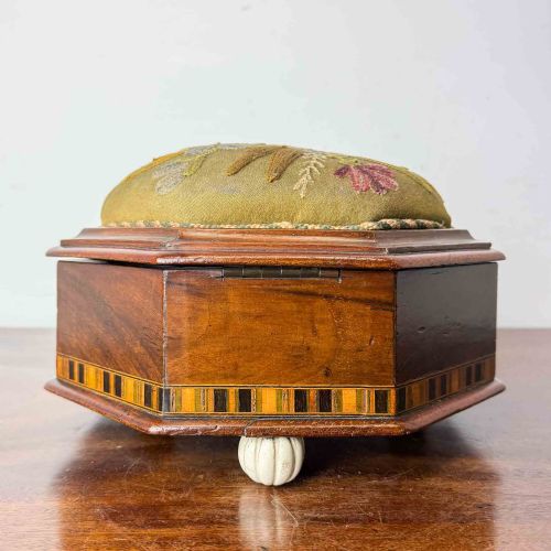 ANTIQUE OCTAGONAL MAHOGANY FOOTSTOOL WITH CREWEL WORK COVER - ADDITIONAL PHOTO 5