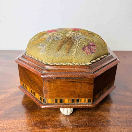 ANTIQUE OCTAGONAL MAHOGANY FOOTSTOOL WITH CREWEL WORK COVER - ADDITIONAL PHOTO 6