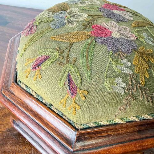 ANTIQUE OCTAGONAL MAHOGANY FOOTSTOOL WITH CREWEL WORK COVER - ADDITIONAL PHOTO 11