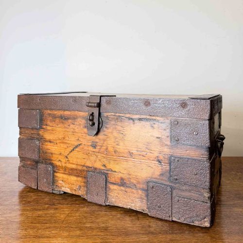 ANTIQUE ELM AND PINE IRON BOUND STRONGBOX