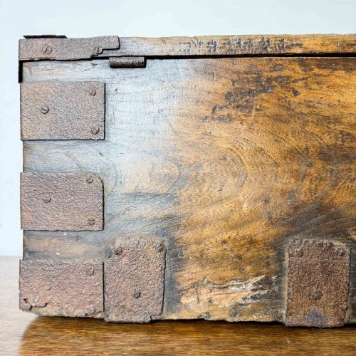 ANTIQUE ELM AND PINE IRON BOUND STRONGBOX - ADDITIONAL PHOTO 9