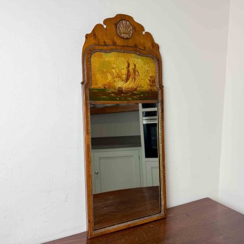 Queen Anne Revival Yew Wood Mirror with Maritime Scene