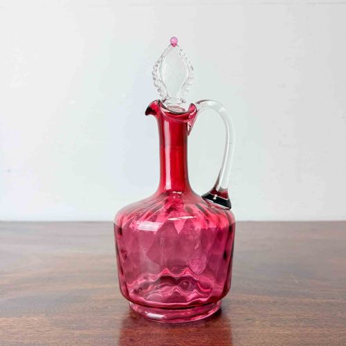 Antique Cranberry Glass Decanter, Etched Maltese Cross to Stopper
