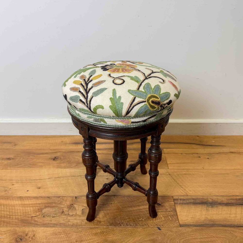 Victorian Charles Wadman Rosewood Piano Stool with Crewel Work Seat View V