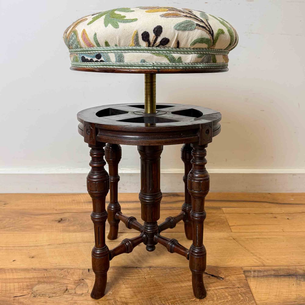 Victorian Charles Wadman Rosewood Piano Stool with Crewel Work Seat View XI