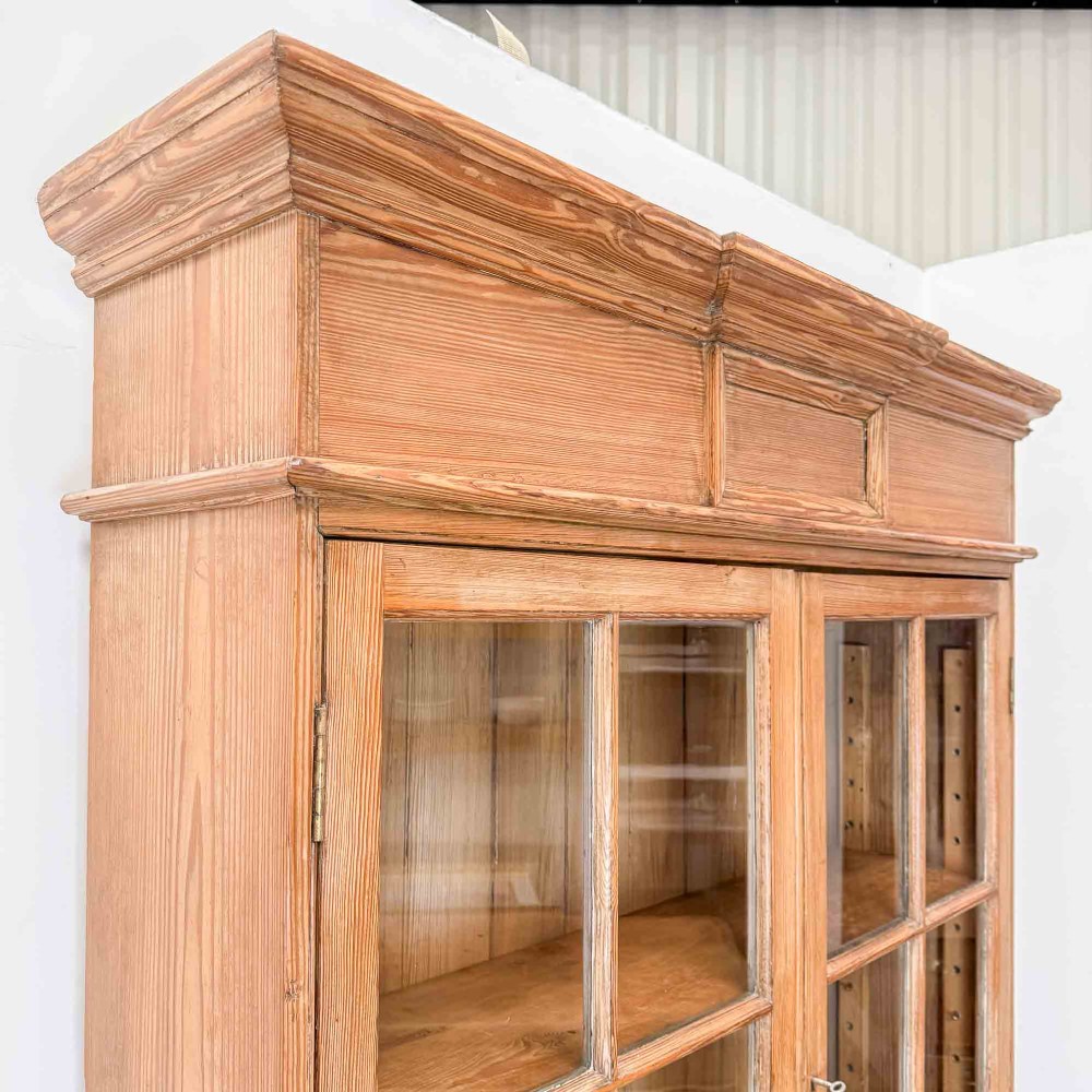 Antique Pitch Pine Glazed Bookcase Cabinet View IV