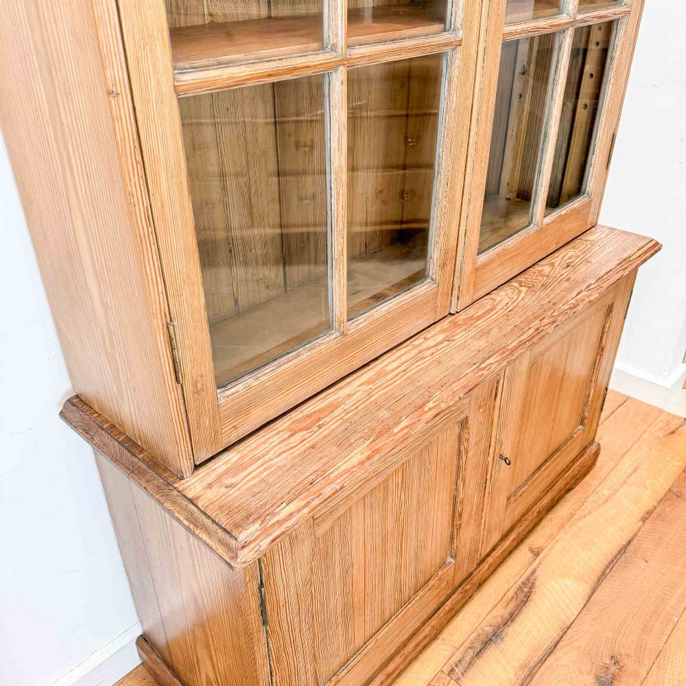 Antique Pitch Pine Glazed Bookcase Cabinet View V