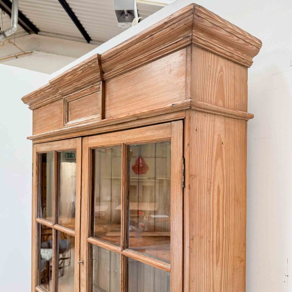 Antique Pitch Pine Glazed Bookcase Cabinet View VI