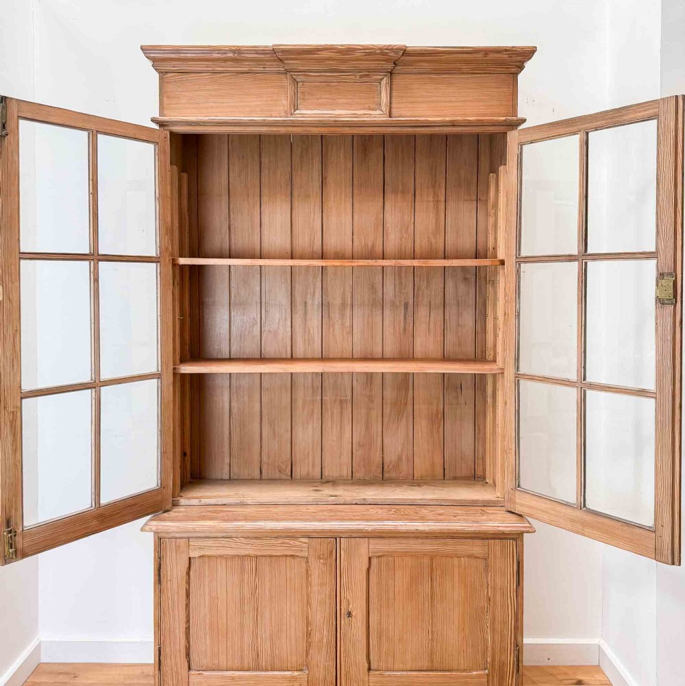Antique Pitch Pine Glazed Bookcase Cabinet View XI