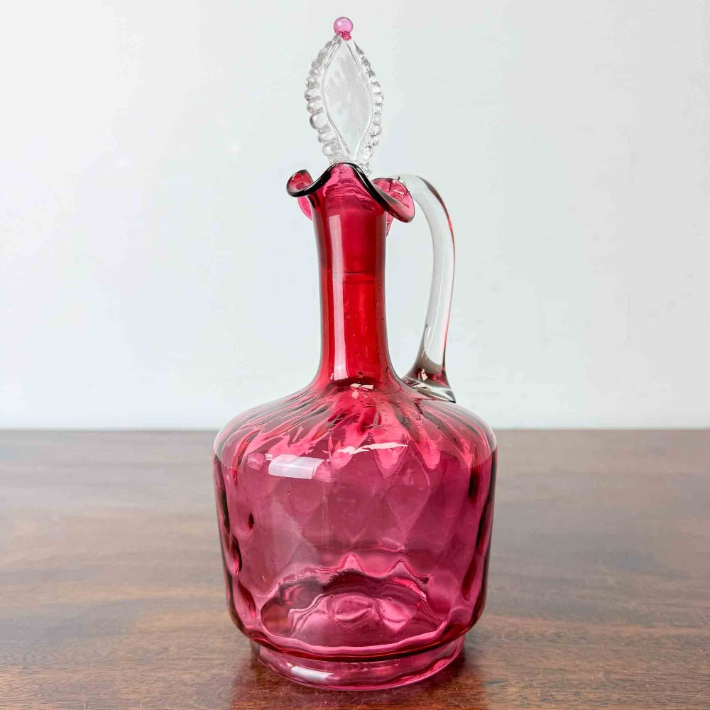 Antique Cranberry Glass Decanter, Etched Maltese Cross to Stopper View II