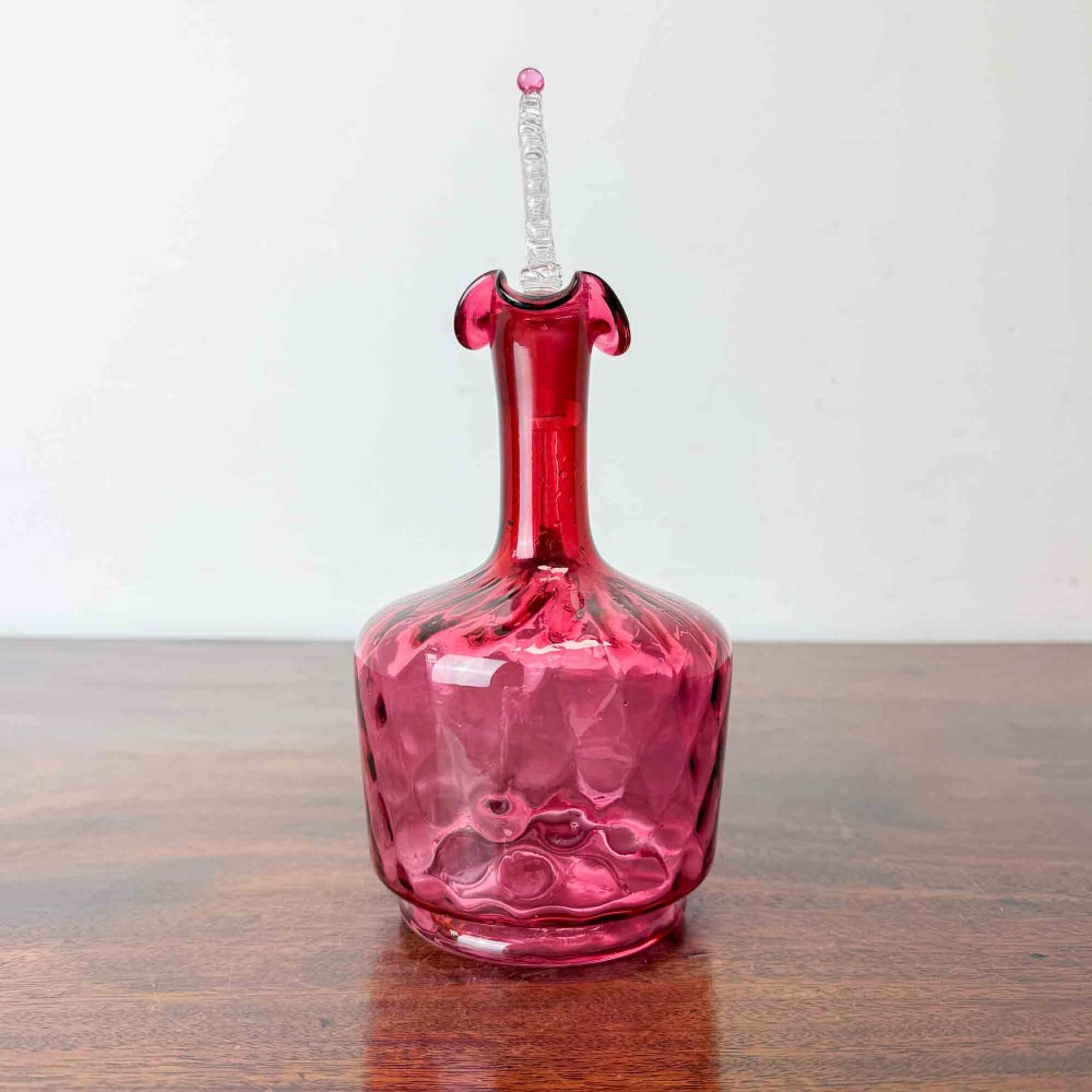 Antique Cranberry Glass Decanter, Etched Maltese Cross to Stopper View III