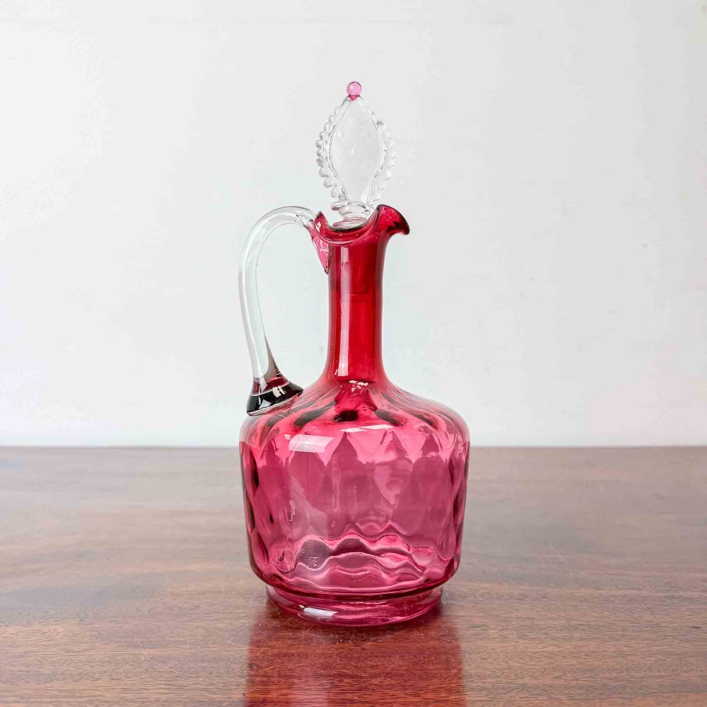 Antique Cranberry Glass Decanter, Etched Maltese Cross to Stopper View IV