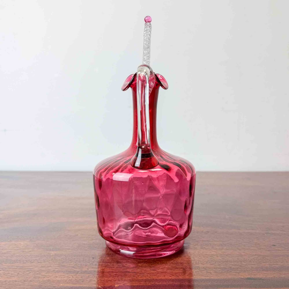 Antique Cranberry Glass Decanter, Etched Maltese Cross to Stopper View V