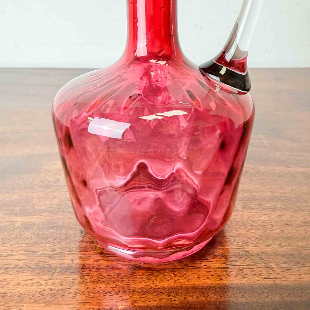Antique Cranberry Glass Decanter, Etched Maltese Cross to Stopper View VI