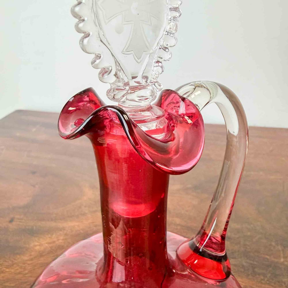 Antique Cranberry Glass Decanter, Etched Maltese Cross to Stopper View VII