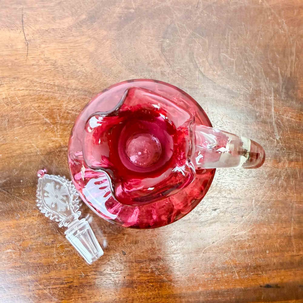 Antique Cranberry Glass Decanter, Etched Maltese Cross to Stopper View VIII