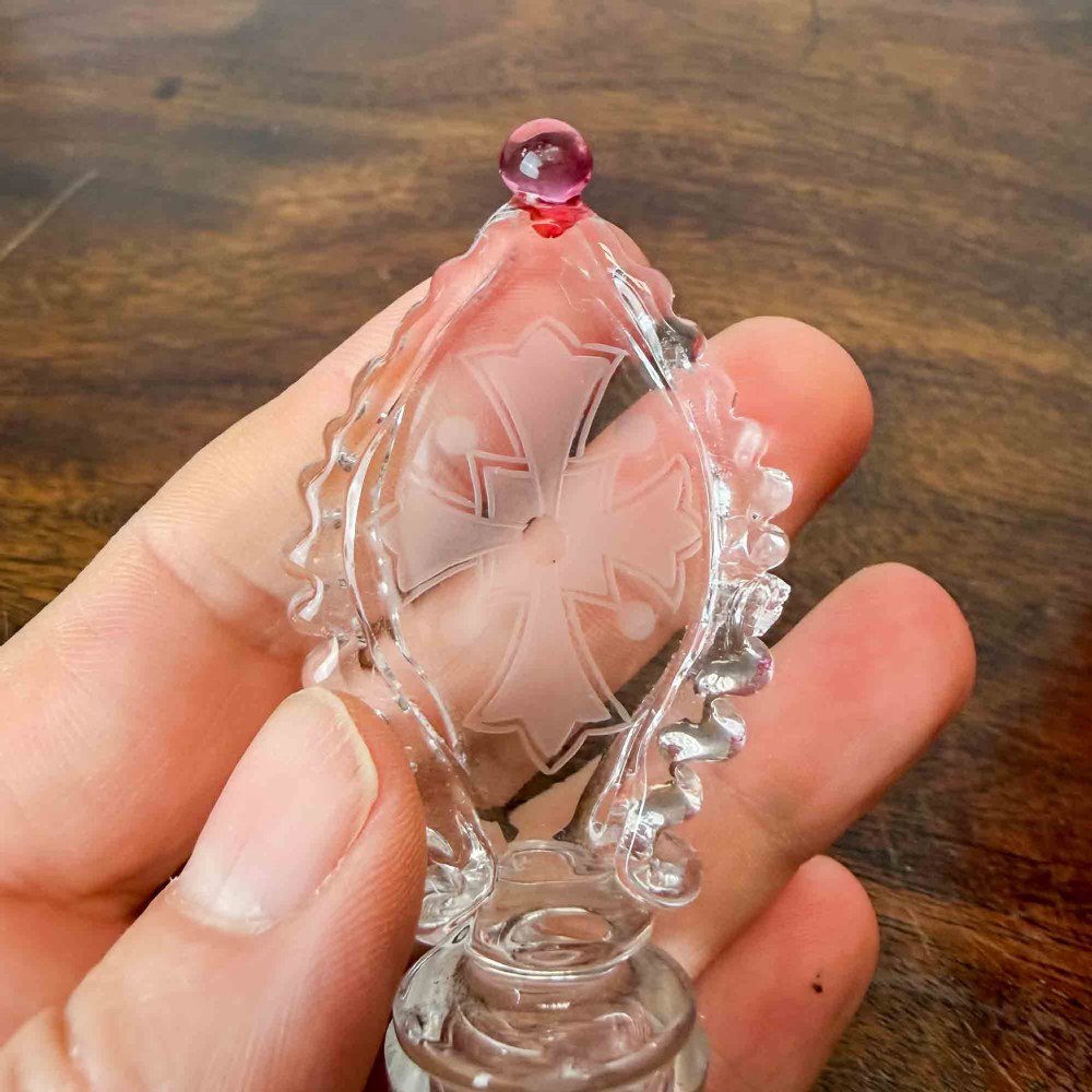 Antique Cranberry Glass Decanter, Etched Maltese Cross to Stopper View IX