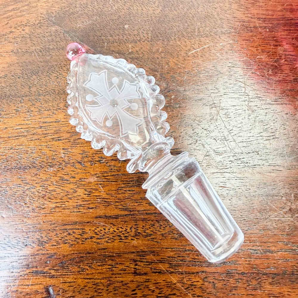 Antique Cranberry Glass Decanter, Etched Maltese Cross to Stopper View X