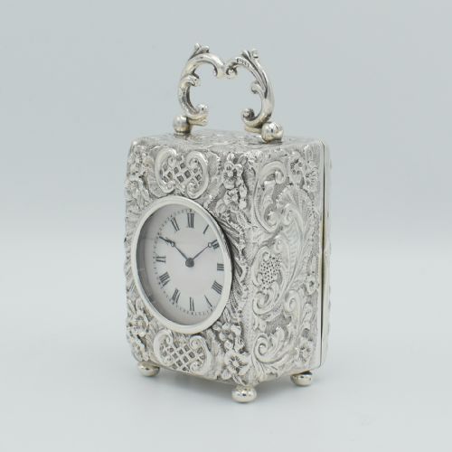 silver 'repousse' miniature carriage clocktimepiece - CATEGORY: ANTIQUE CLOCKS - DATED 1890