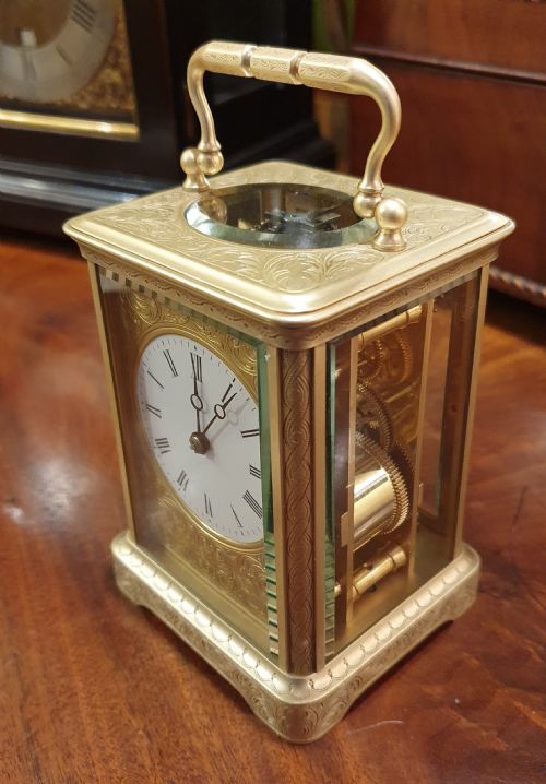 FINE ENGRAVED CARRIAGE CLOCK WITH DIAL 'MASK' - ADDITIONAL PHOTO 1