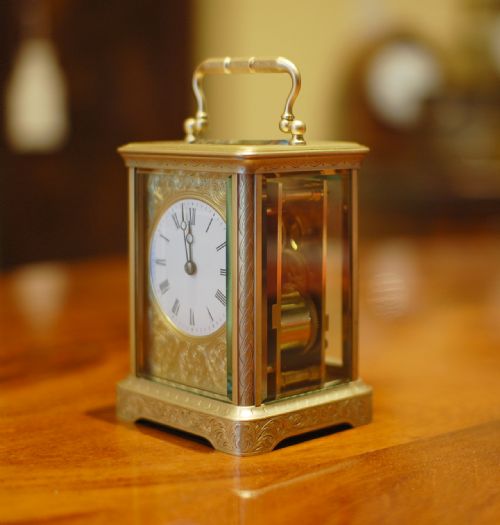 FINE ENGRAVED CARRIAGE CLOCK WITH DIAL 'MASK' - ADDITIONAL PHOTO 2