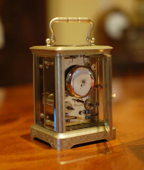 FINE ENGRAVED CARRIAGE CLOCK WITH DIAL 'MASK' - ADDITIONAL PHOTO 3