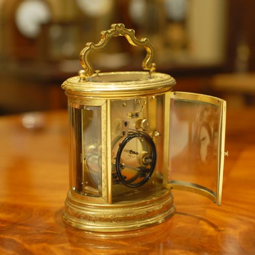 OVAL ENGRAVED CARRIAGE CLOCK BY DROCOURT - ADDITIONAL PHOTO 1