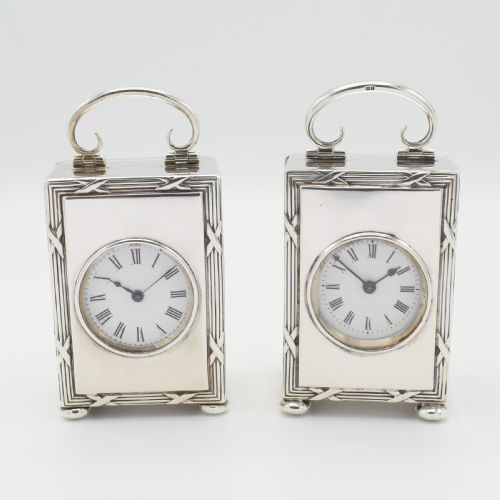 pair of ribbon edge miniature silver carriage clocks - CATEGORY: ANTIQUE CLOCKS - DATED 1900