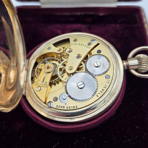 JWBENSON 9CT GOLD 'HALF HUNTER' POCKET WATCH WITH ORIGINAL CASE - ADDITIONAL PHOTO 4