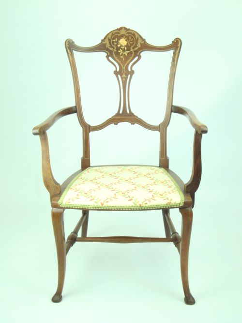 Antique Edwardian Inlaid Open Armchair