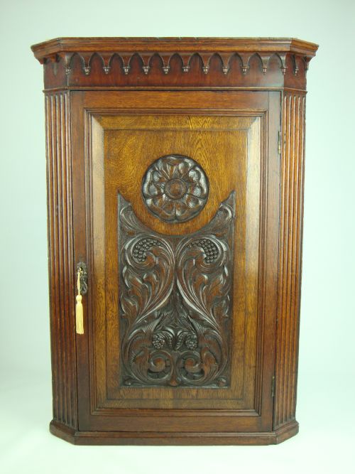 Antique Victorian Gothic Oak Corner Cupboard