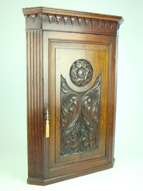 fig 1. Antique Victorian Gothic Oak Corner Cupboard