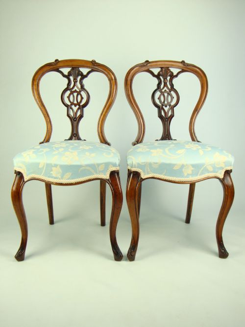 Pair Antique Victorian Balloon Back Walnut Chairs