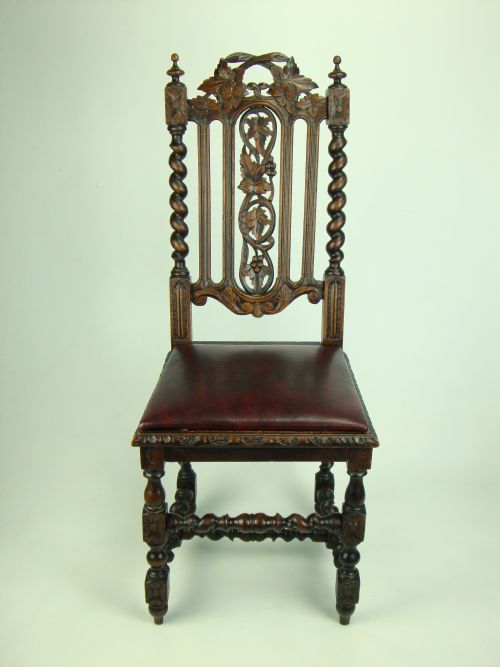 Antique Victorian Gothic Oak Chair with Leather Seat