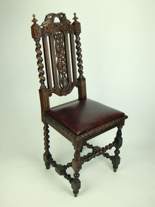 fig 1. Antique Victorian Gothic Oak Chair with Leather Seat