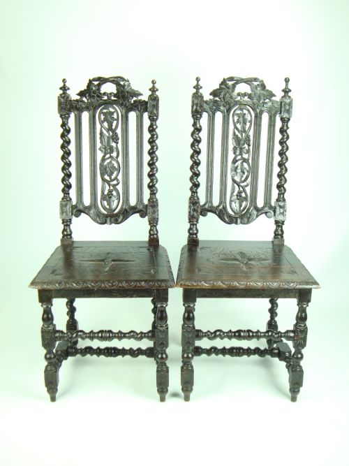 Pair Antique Victorian Gothic Oak Hall Chairs