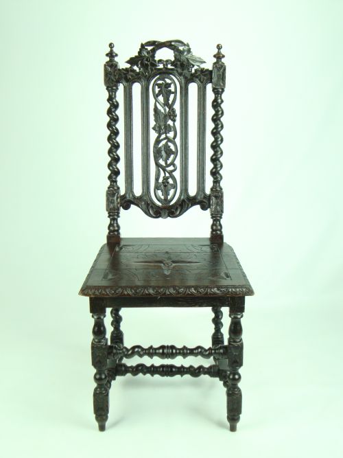 fig 1. Pair Antique Victorian Gothic Oak Hall Chairs