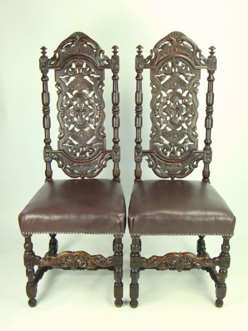 Pair Antique Victorian Gothic High Back Oak Chairs